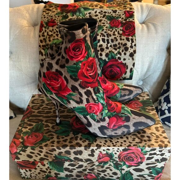 NIB $1195 Dolce & Gabbana Leopard Rose Print Stretch Boots Size 10 - Picture 7 of 9